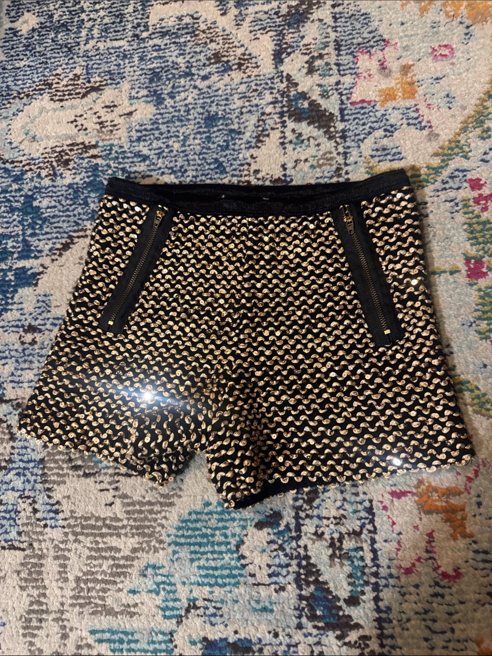 Black and Gold Patterned Women's Shorts with Zip Pockets